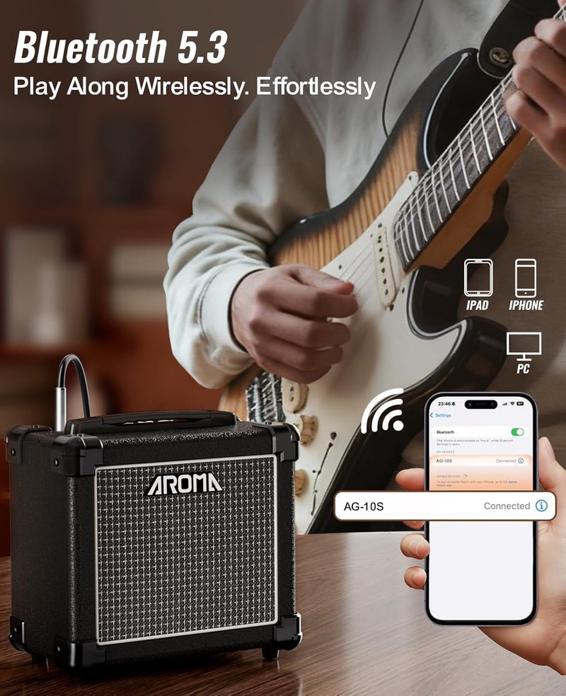 Ulumac Aroma Guitar Amp, Powerful 10W Small Electric Guitar Amplifier with DSP Enhanced Tone, Clean/Distortion, 2-Band EQ, Bluetooth & Headphone Jack, Portable for Indoor Practice/Small Gigs, AG-10S - Image 5